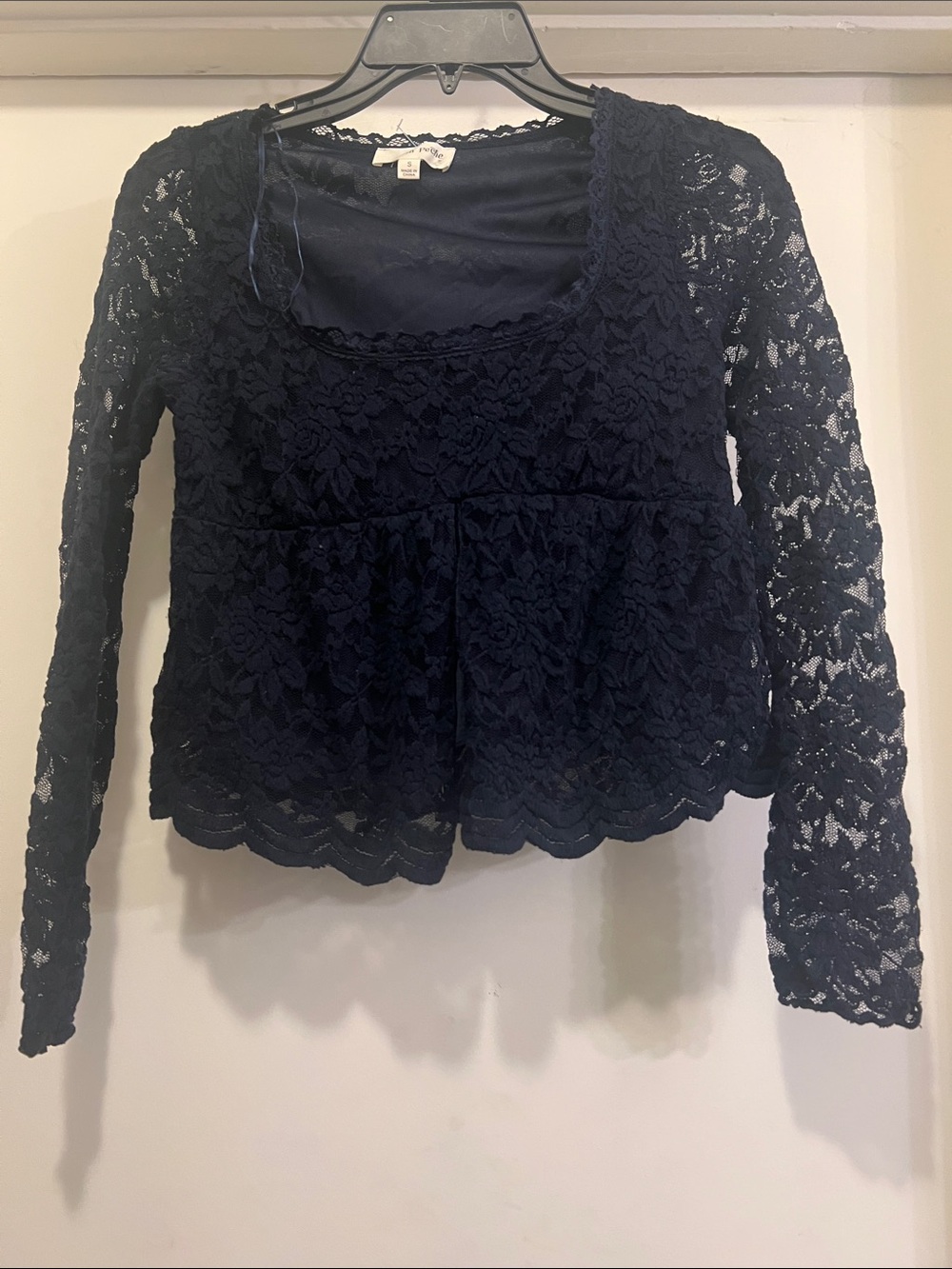 Girls' Navy Lace Long-Sleeve Peplum Top